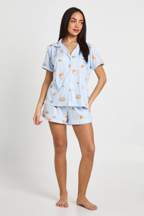 boohoo Dam Pyjamas Med Frukosttryck Kortärmad Skjorta & Shorts Set | Baby Blue | Storlek 42