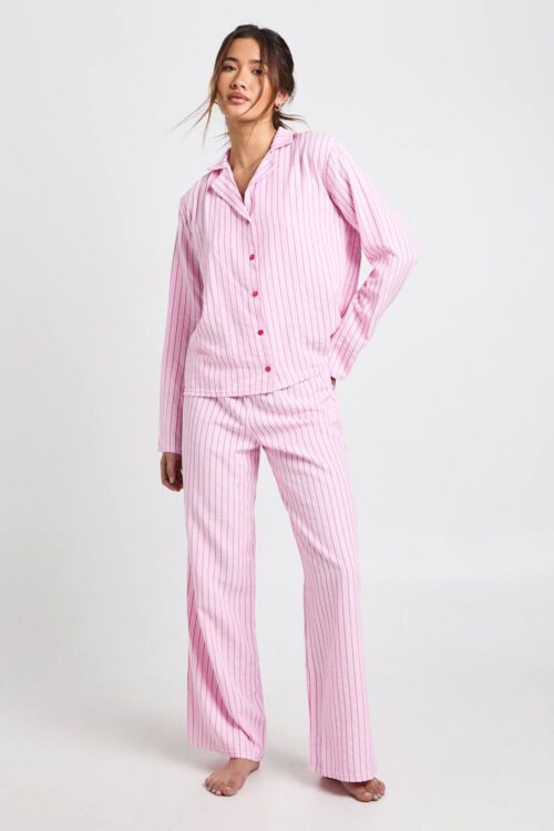 boohoo Dam Randig Texturerad Långärmad Skjorta & Byxor Pyjamas 3-delars Set | Pink | Storlek 34