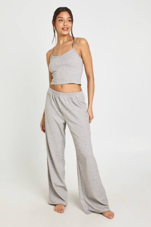 boohoo Dam Ribbat Linne Och Byxor Pyjamas Set Med Kontrastdetaljer | Grå | Storlek 44
