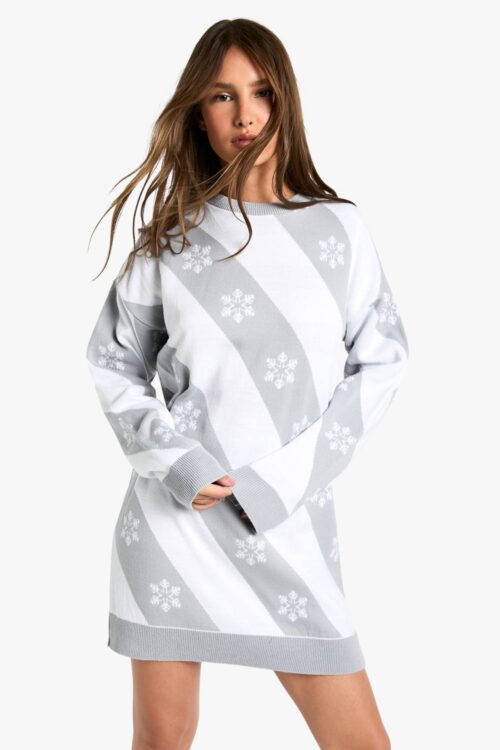 boohoo Dam Snöflinga-randad stickad julklänning | Grey | Storlek Small