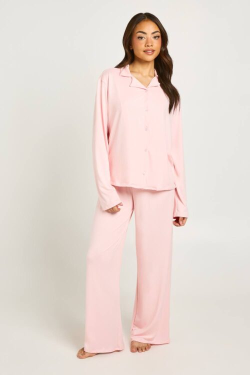 boohoo Dam Soft Jersey Long Sleeve Top & Trousers Pyjama Set | Baby Pink | Storlek 44
