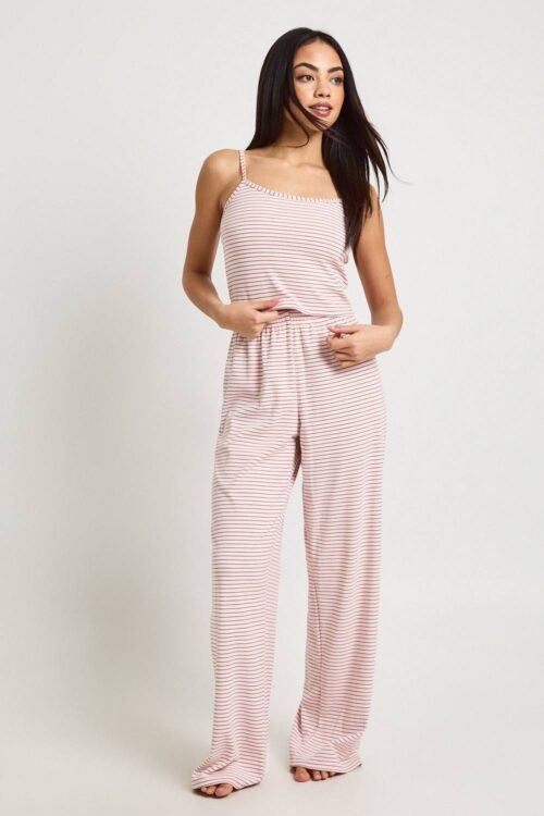 boohoo Dam Soft Rib Stripe Cami & Trouser Pyjama Set | Baby Pink | Storlek 38