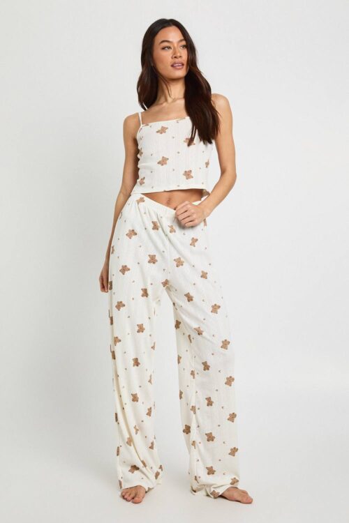 boohoo Dam Tall Björnmönstrat Pointelle Linne och Vida Byxor Pyjamas Set | Cream | Storlek 36