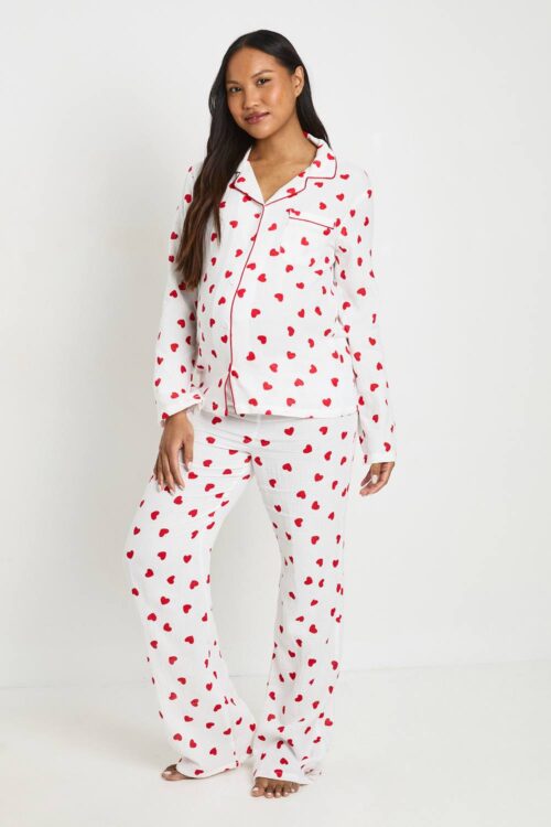 boohoo Dam Tall Heart Print Muslin Long Sleeve Shirt & Trouser Pyjama Set | White | Storlek 34