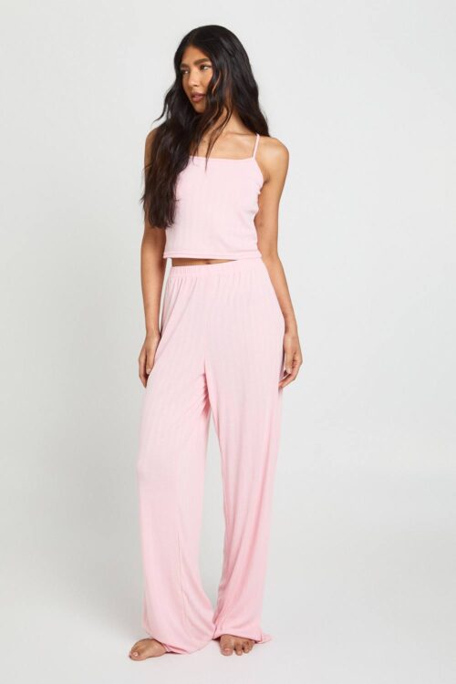 boohoo Dam Tall Pointelle Cami and Wide Leg Trouser Pyjama Set | Baby Pink | Storlek 36