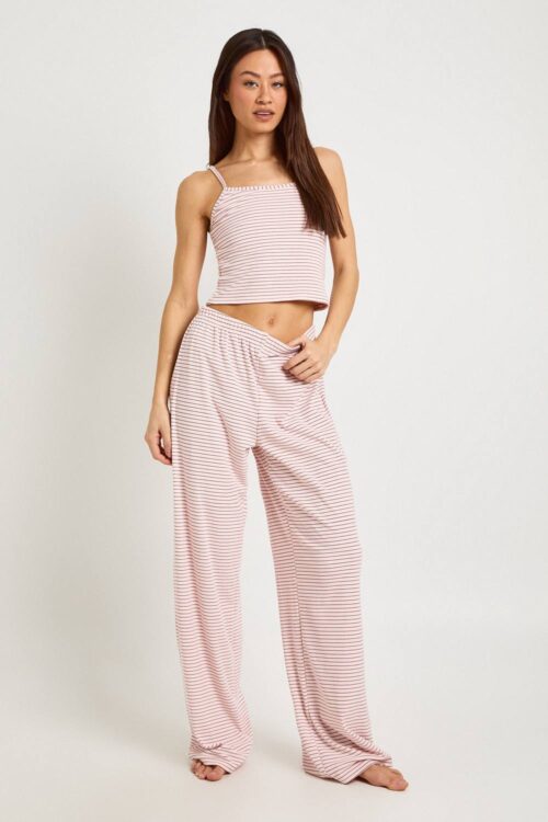 boohoo Dam Tall Soft Rib Stripe Cami & Trouser Pyjama Set | Baby Pink | Storlek 36