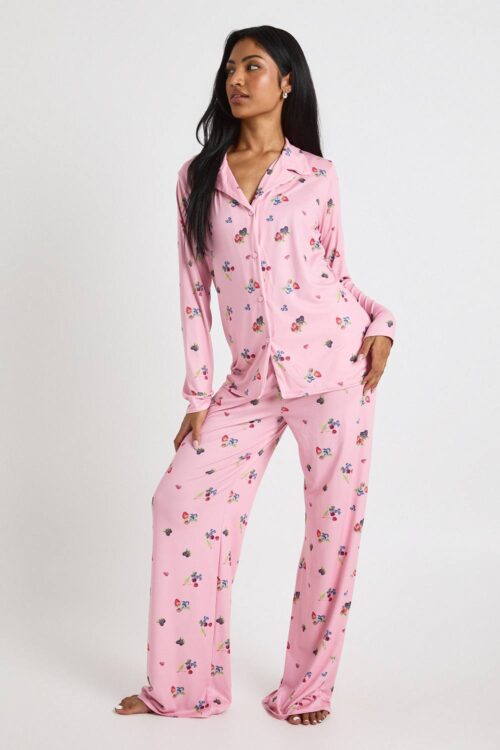 boohoo Dam Vinterbär långärmad skjorta & byxor pyjamas set | Pink | Storlek 44